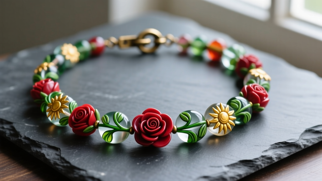 Vintage hand-painted glass flower bead necklace laid flat on dark slate, showing intricate floral details and a tarnished brass clasp