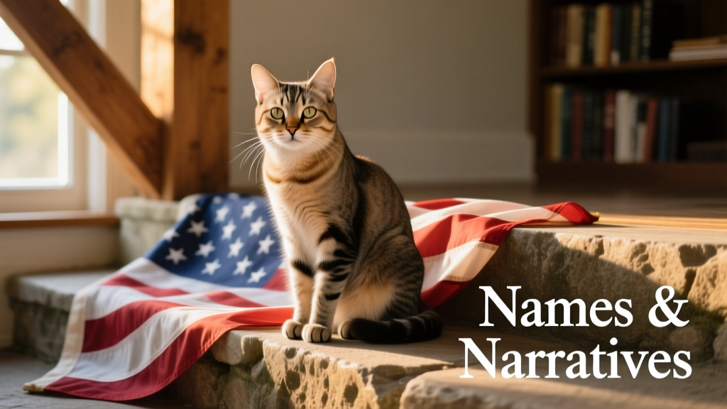 Cat sitting on a step with the USA flag
