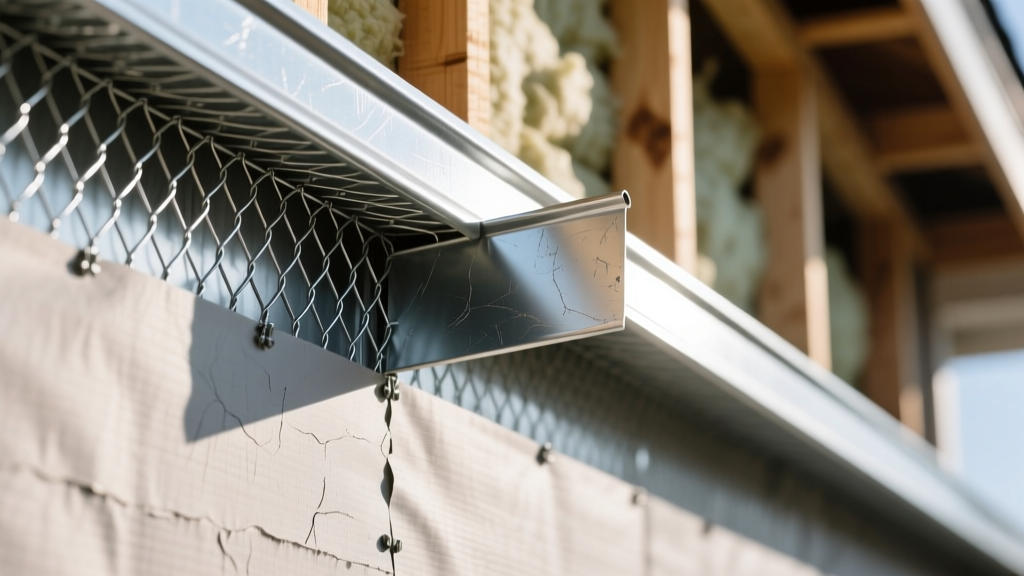 Close-up of galvanized wire mesh and weep screed flashing being installed over weather-resistive barrier on a residential exterior wall framing