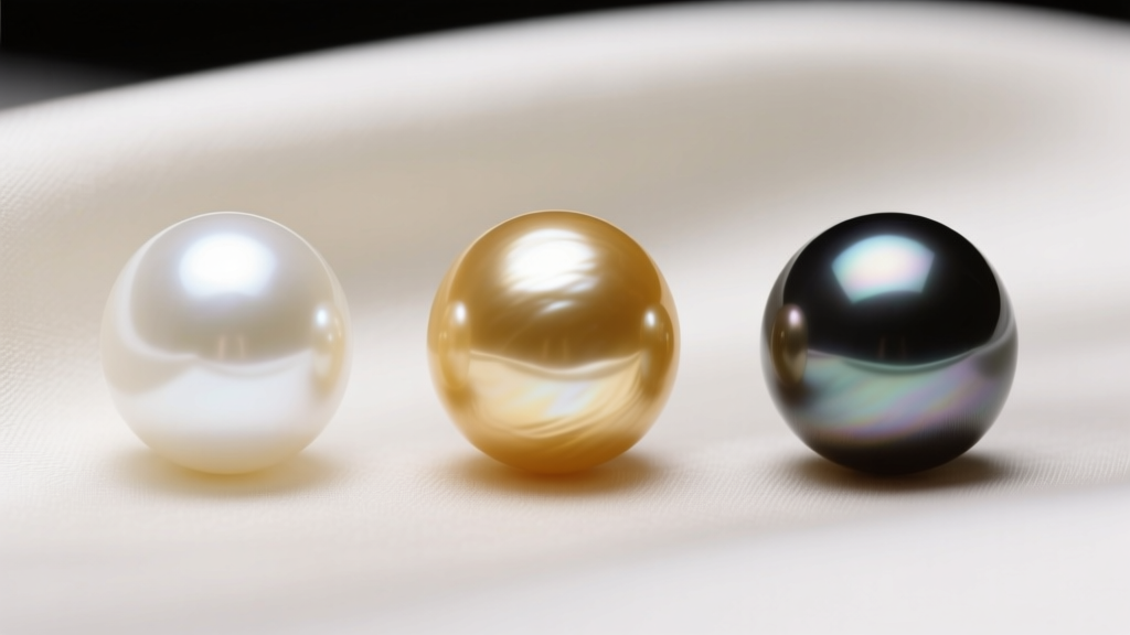 Macro comparison of a white freshwater pearl, a golden South Sea pearl, and a dark Tahitian pearl resting on soft ivory silk.