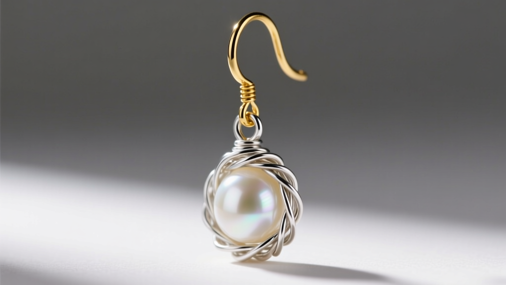 Detailed view of a wire-wrapped pearl drop earring post, highlighting the secure metal loop connecting to a 14k gold hook.