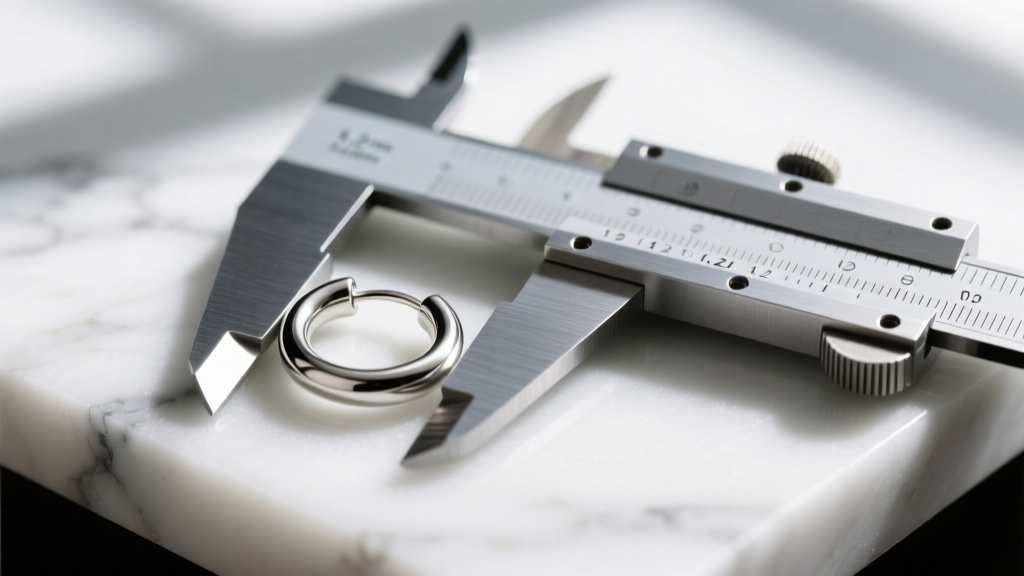 Calipers measuring the 1.2mm wire thickness of a brushed silver huggie earring resting on a clean, white marble jeweler workbench.
