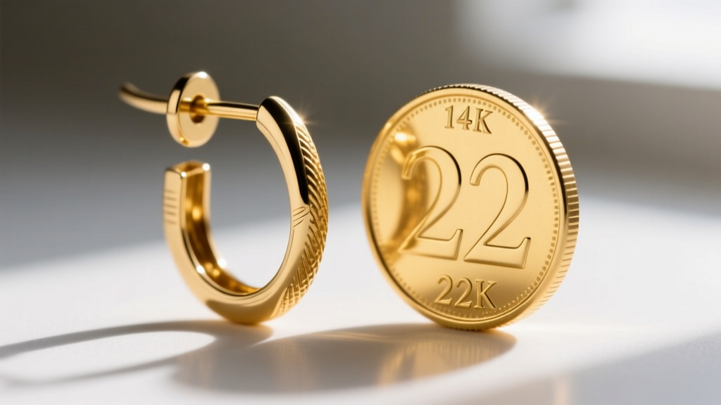 Macro shot of a 14k gold leverback earring wire next to a 22k gold coin, highlighting structural differences in fine jewelry metals
