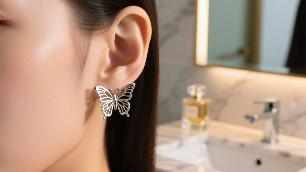 Macro shot of an earlobe with a metal butterfly earring back jammed against the skin, lit by soft, warm bathroom vanity lighting.
