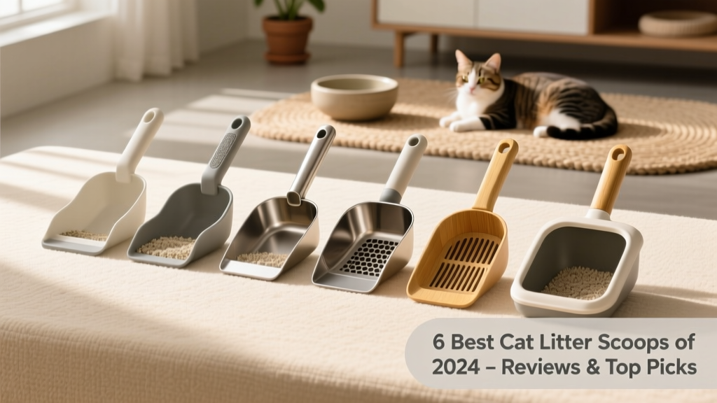 Side-by-side comparison of six high-quality cat litter scoops on a clean surface