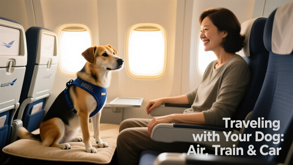 A relaxed dog seated calmly beside its owner in an airplane cabin, wearing a lightweight harness and resting on a small travel mat