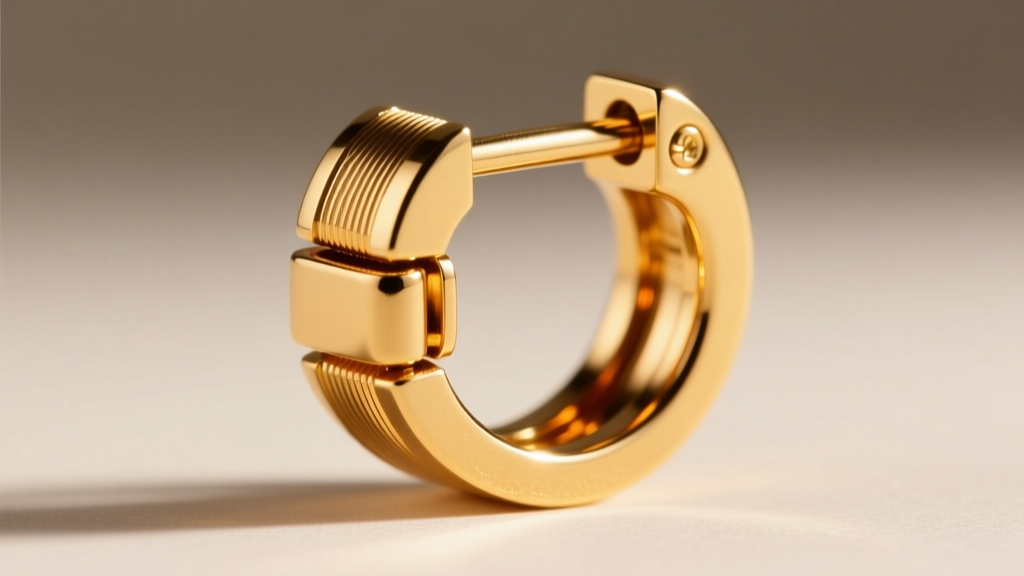 Macro shot of an 18k gold hinged clicker loop earring latch, revealing the micro-machined post and secure locking groove detail.