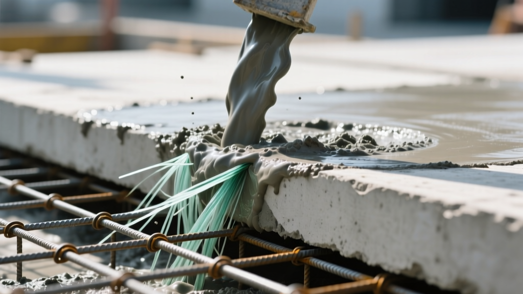 Concrete slab pour revealing alkali-resistant glass fibers in the wet mix beside a steel welded wire mesh grid on forms