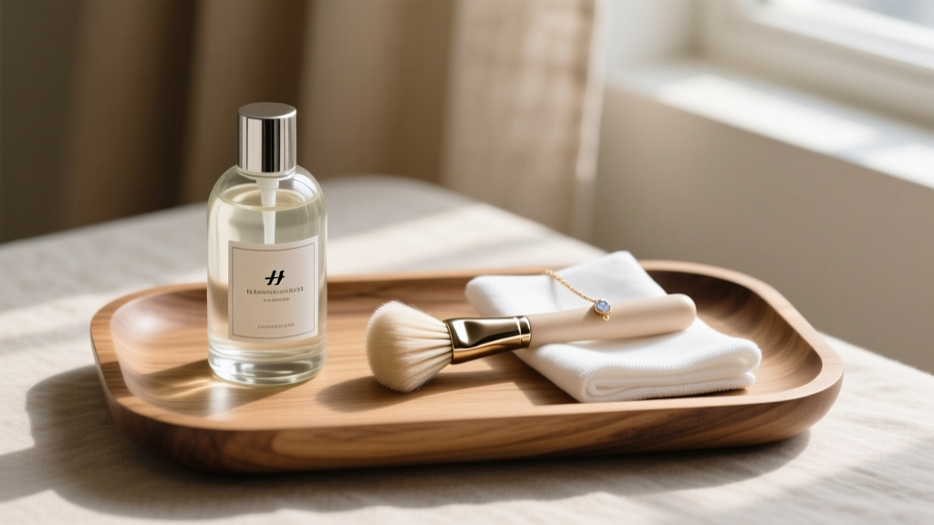 Jewelry care gift set on a wooden tray with a bottle of cleaning solution, a soft bristle brush, and a folded microfiber cloth