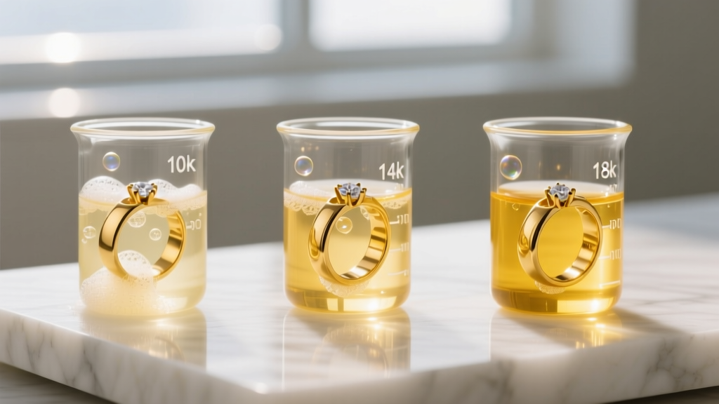 Three gold rings submerged in glass beakers of soapy water, highlighting distinct yellow color variations of 10k, 14k, and 18k.