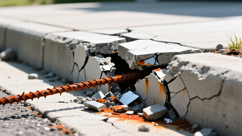 Close-up of spalling and cracking on a reinforced concrete driveway edge, revealing rusted rebar and weathered aggregate in bright sunlight