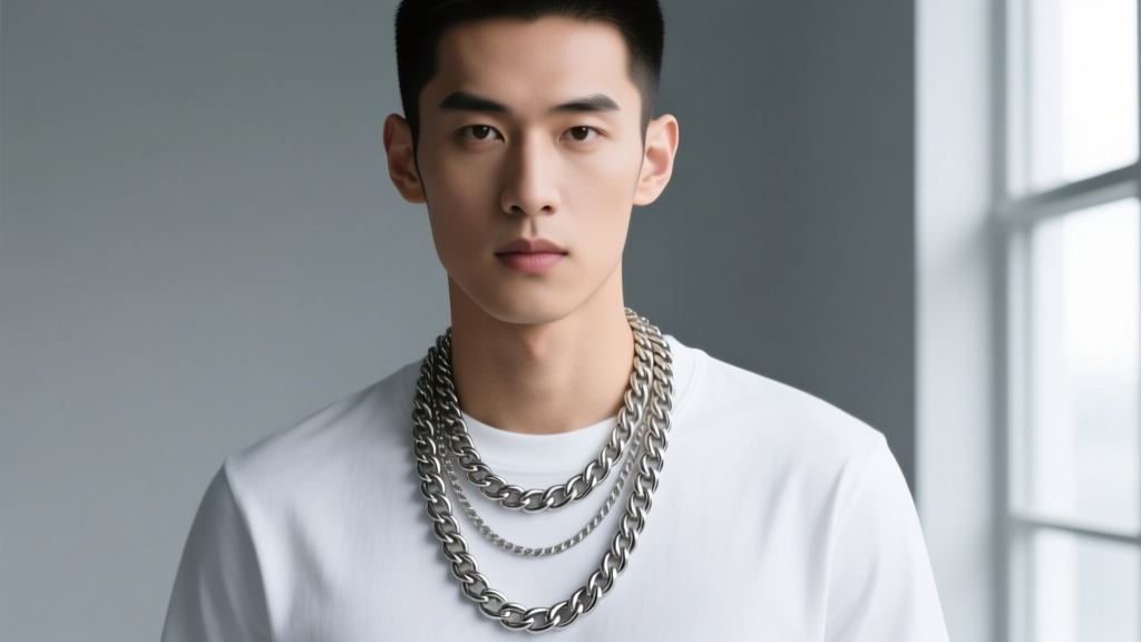 Man wearing layered eagles chain necklace with a 20-inch Cuban link and 24-inch rope chain over a plain white cotton t-shirt