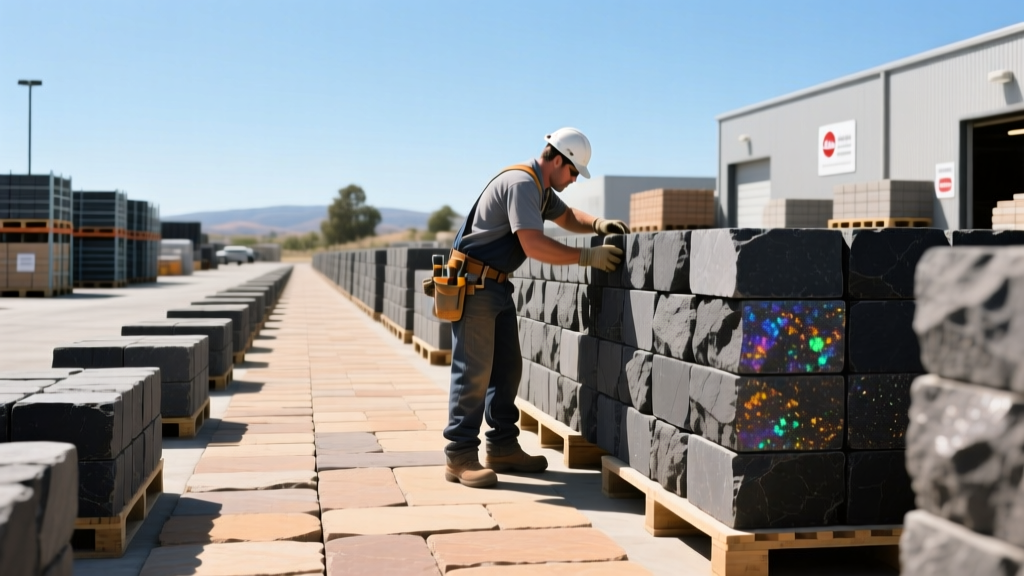 Contractor inspecting stacked basalt retaining wall blocks and natural stone pavers at a dedicated masonry supply yard in Livermore California