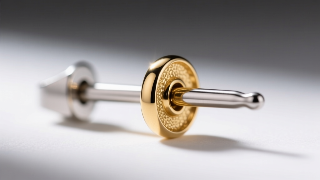 Macro photo of an earring post showing the transition from a steel pin to a gold-plated brass base under bright studio light.