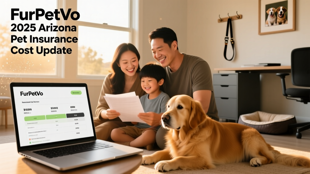 Family smiling as they review FurPetVo policy documents together on a laptop, with dog resting nearby