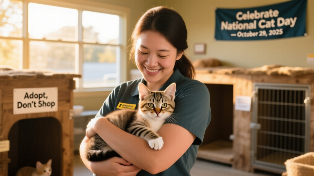 A volunteer gently holding a calm, adopted kitten at a local shelter