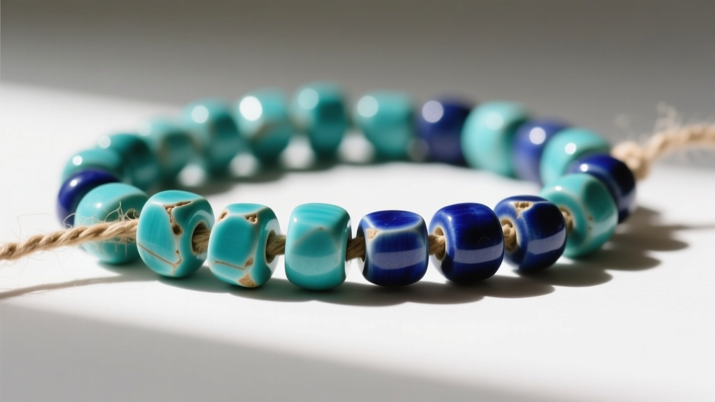 Macro close-up of authentic Egyptian faience beads in turquoise and lapis blue, strung loosely on linen thread with visible slack.