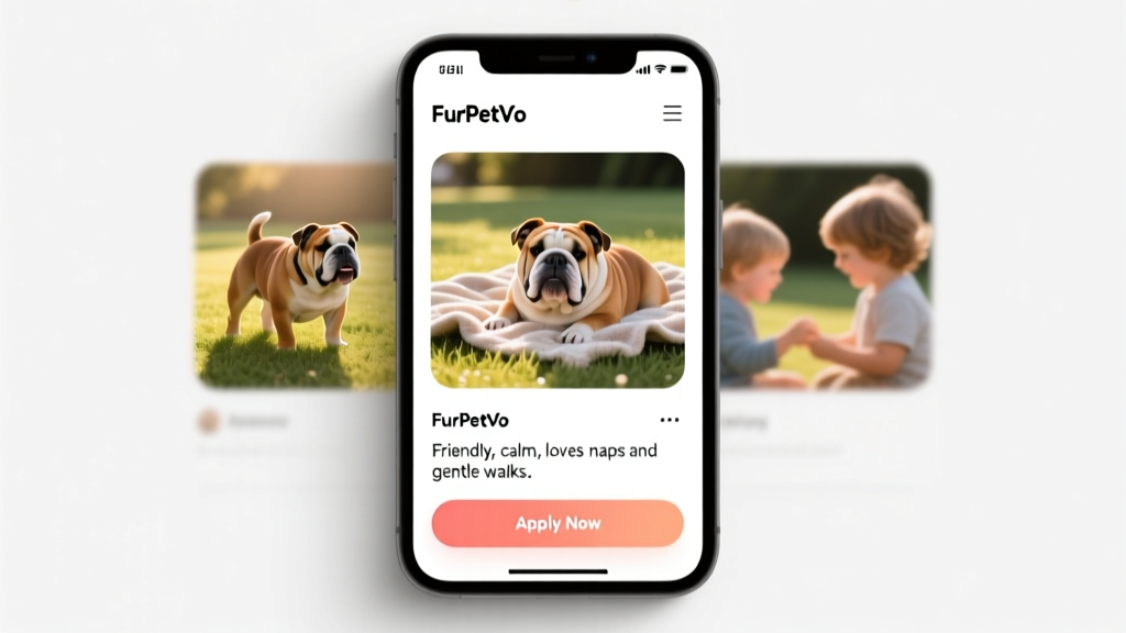 Screenshot-style graphic showing a clean, mobile-friendly FurPetVo profile page for an English Bulldog, with photo carousel, bio section, and 'Apply Now' button
