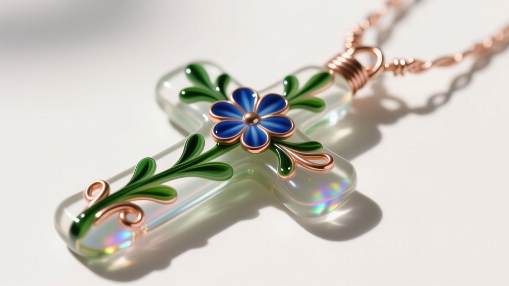 Close-up of a lampwork glass cross with intricate floral patterns, showing smooth rounded edges and a secure wire-wrapped bail.