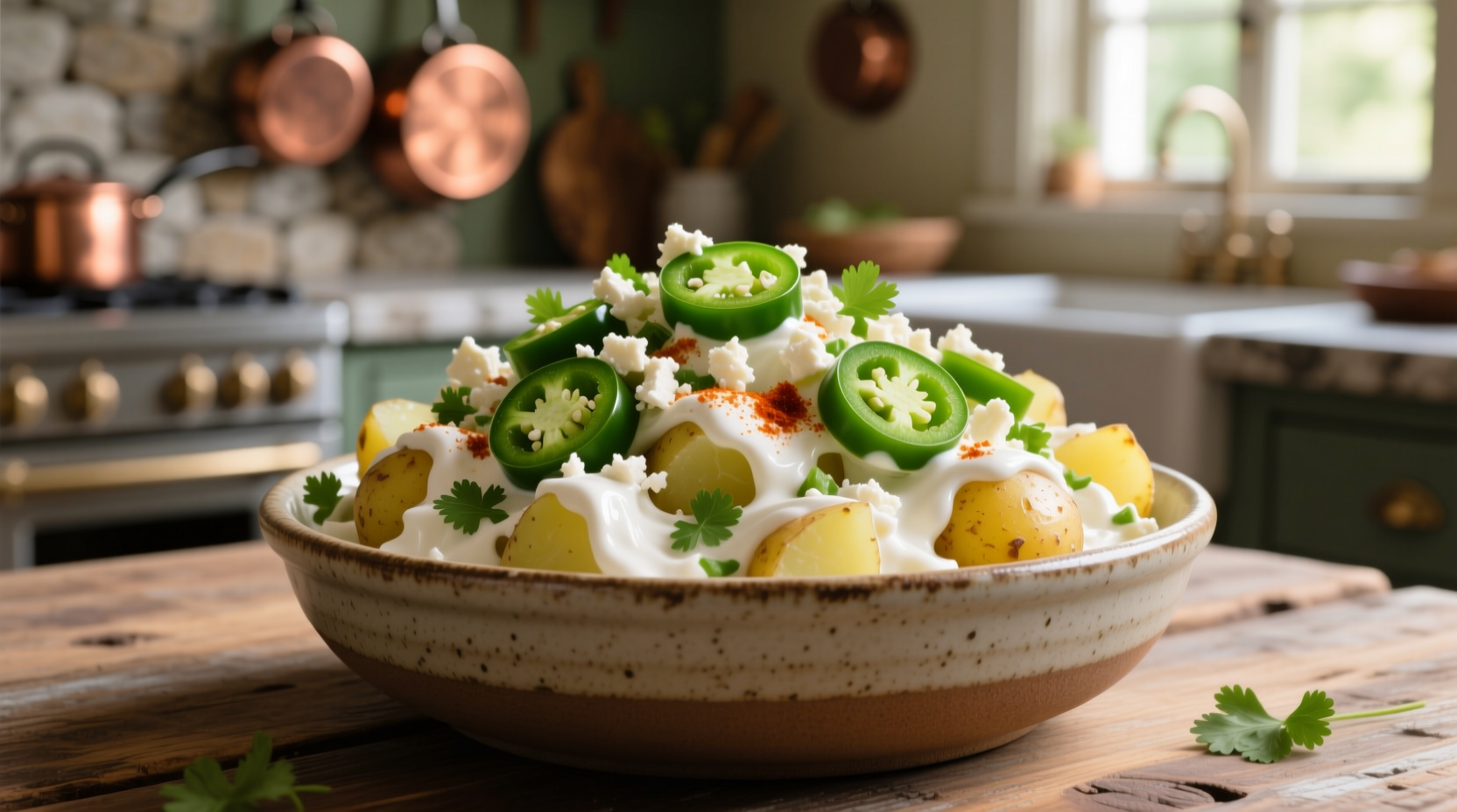 Creamy jalapeño popper potato salad in serving bowl