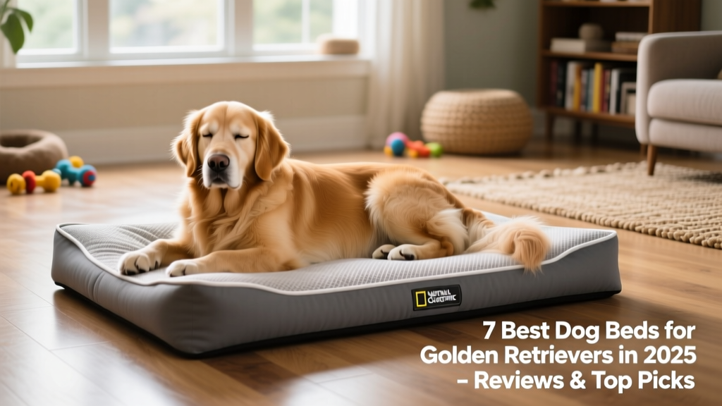 Golden Retriever resting comfortably on a supportive orthopedic dog bed indoors