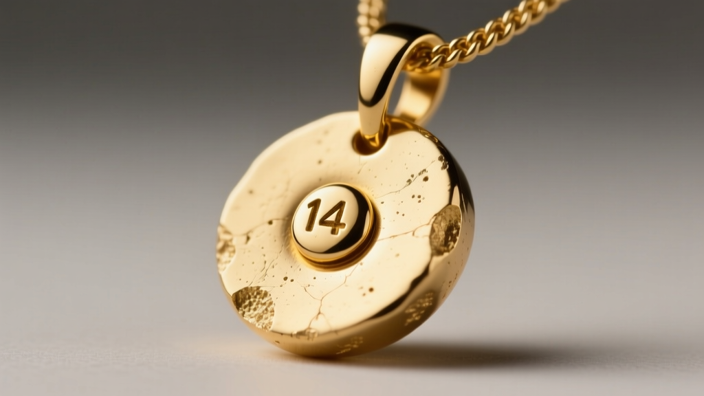 Macro photo of raw 14k gold pendant casting attached to a sprue button, showing unpolished texture and slight surface porosity