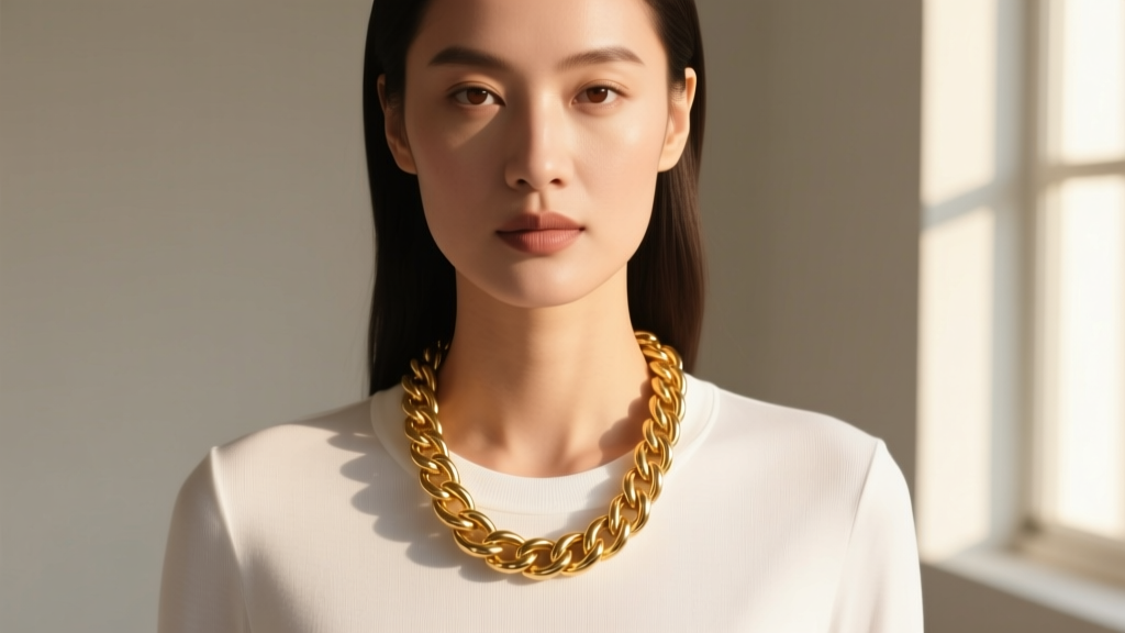 Woman wearing a 20-inch gold rope chain resting just below the collarbone over a white crew-neck shirt in soft natural daylight