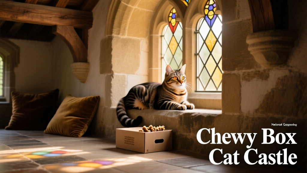 Cat lounging inside the castle’s top level, looking out a window with relaxed posture