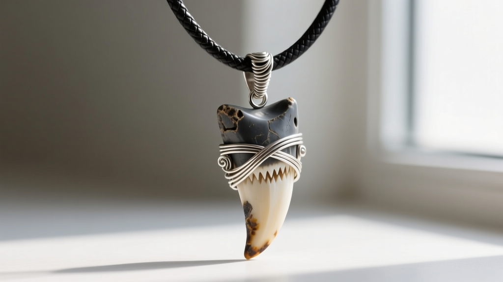 Dark grey fossilized great white shark tooth pendant wrapped in 18-gauge sterling silver wire hanging on a black leather cord.