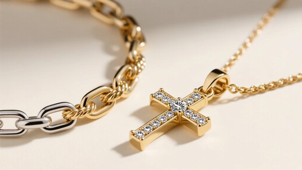 Macro shot comparing a delicate 14k white gold box chain and a rope chain beside a diamond sideways cross pendant spring clasp.