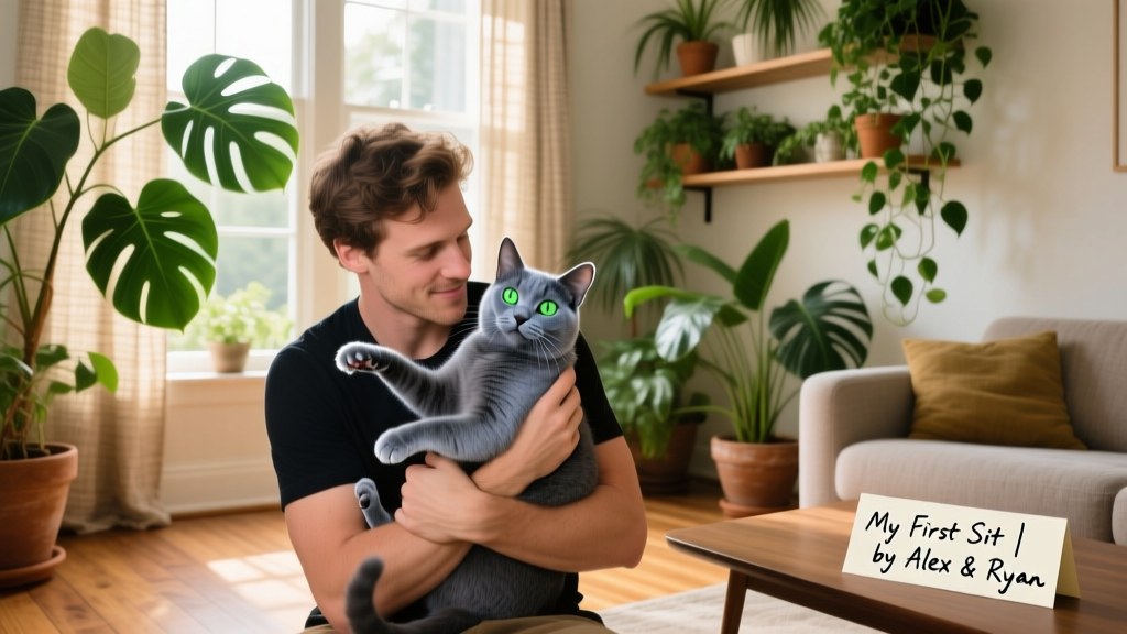 Ryan gently holding Effie, a playful Russian Blue cat, in a bright, plant-filled living room
