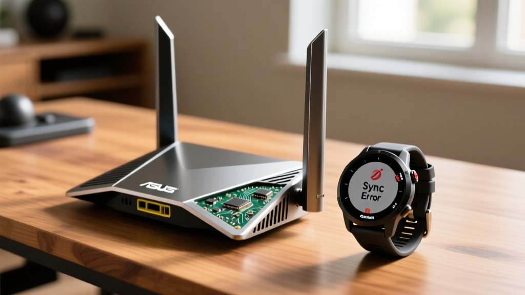 Close-up of an ASUS Wi-Fi 7 router antenna next to a Garmin Forerunner 965 displaying a sync error on a wooden home gym desk