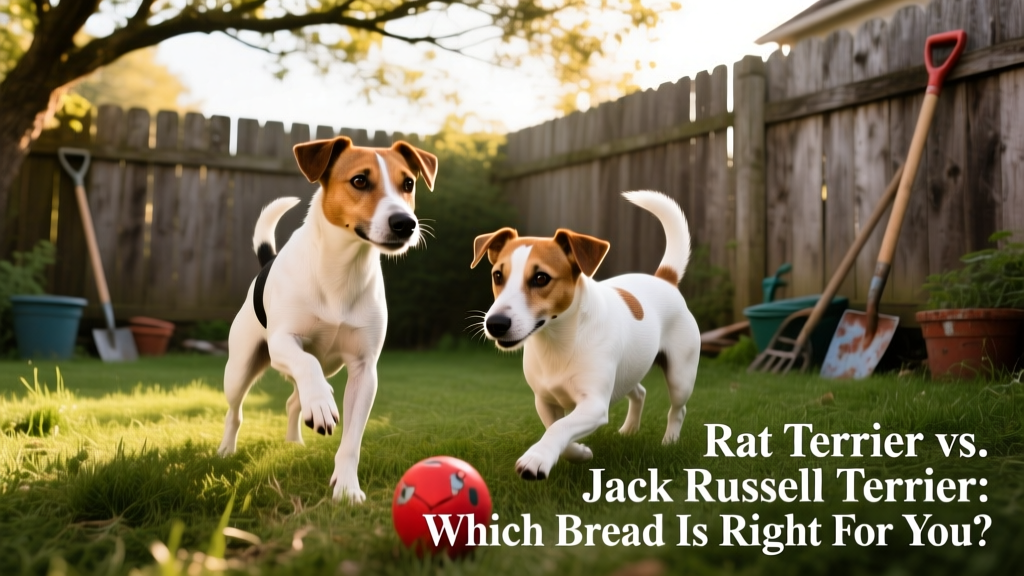 A Rat Terrier and a Jack Russell Terrier playing side-by-side in a fenced backyard, illustrating their shared energy but subtly different body language and focus