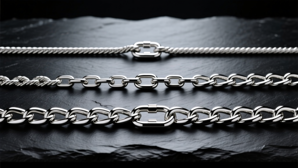 Silver chains on dark slate showing 2mm rope, 5mm Figaro, and 10mm Cuban link thickness variations under bright studio lighting