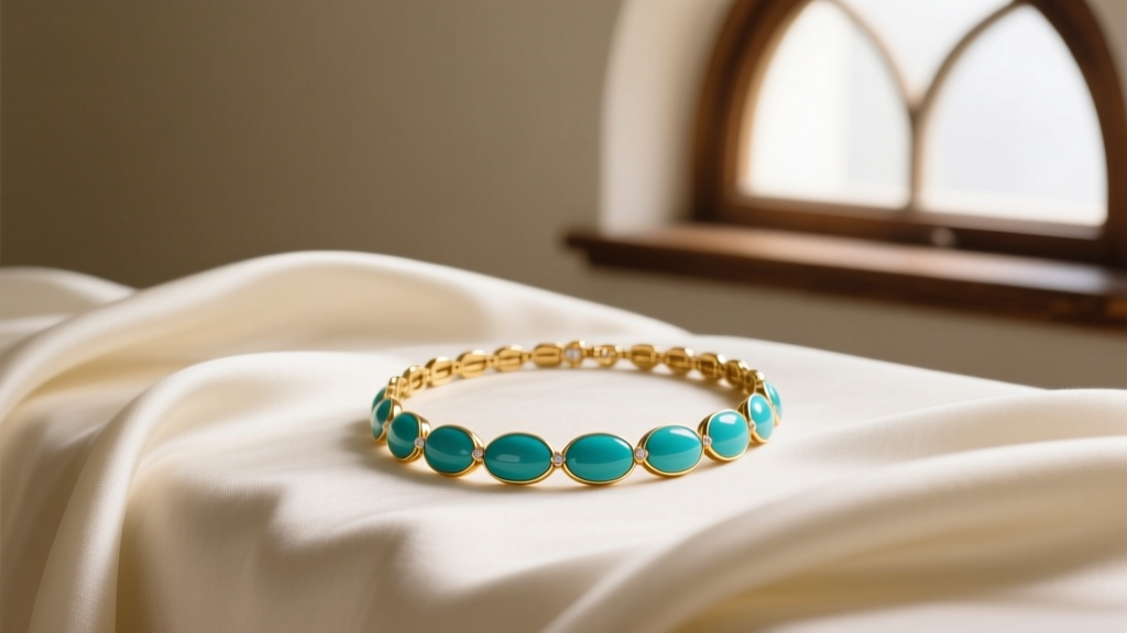 Turquoise enamel and 18k gold Marie Lichtenberg necklace resting on raw cream silk fabric under soft natural window lighting.