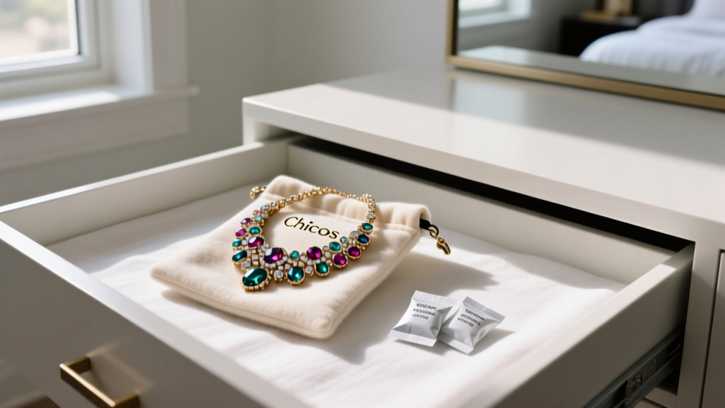Organized jewelry drawer showing a Chicos statement necklace stored in an anti-tarnish flannel pouch next to silica gel packets