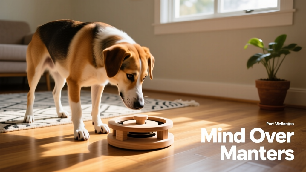 Dog intently working on a puzzle feeder on the floor indoors