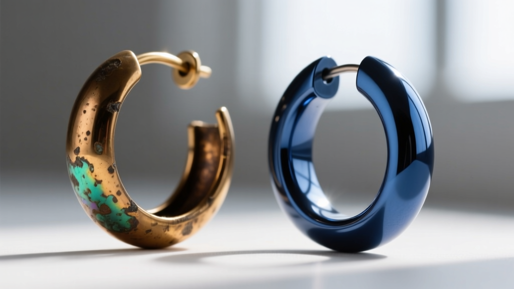 Macro shot of a tarnished brass hoop earring next to a pristine PVD-coated titanium Latina hoop, showing metal degradation.