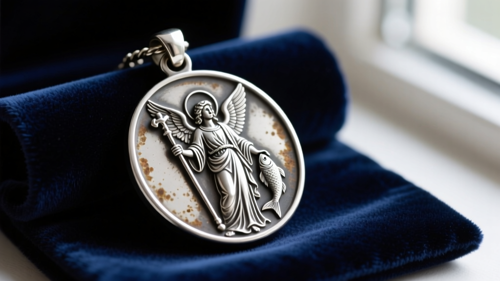 Close-up of a tarnished 925 sterling silver St Raphael archangel medal pendant resting on a dark velvet jewelry polishing cloth.