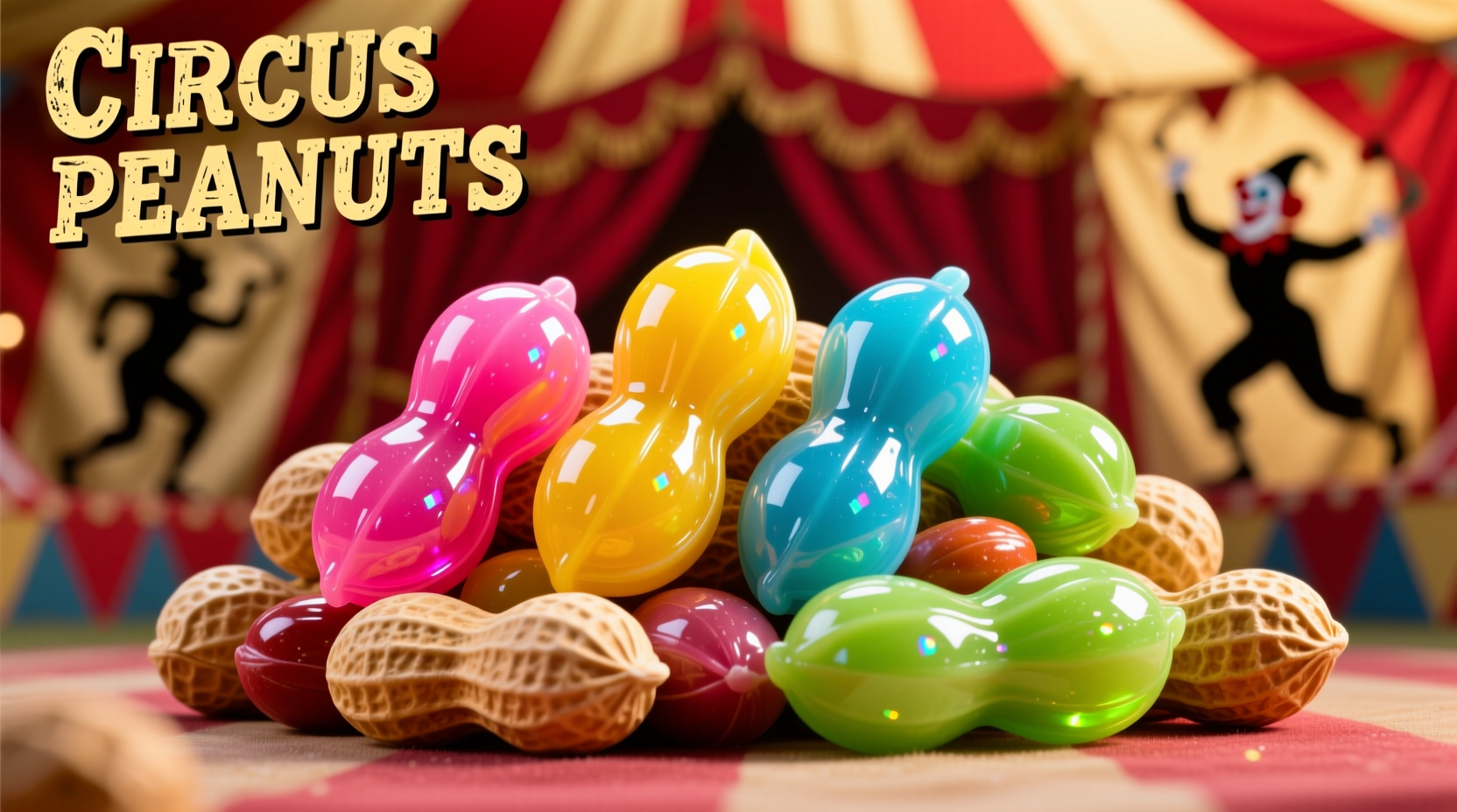 Colorful circus peanuts arranged in peanut shape
