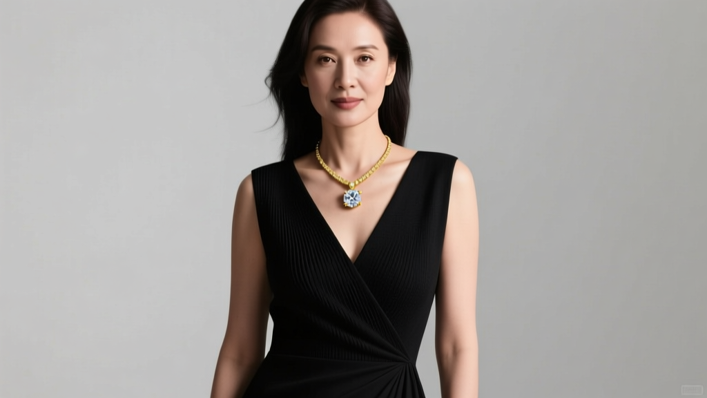 Woman in a black V-neck midi dress wearing an 18-inch 18k yellow gold diamond solitaire pendant necklace, soft studio lighting.