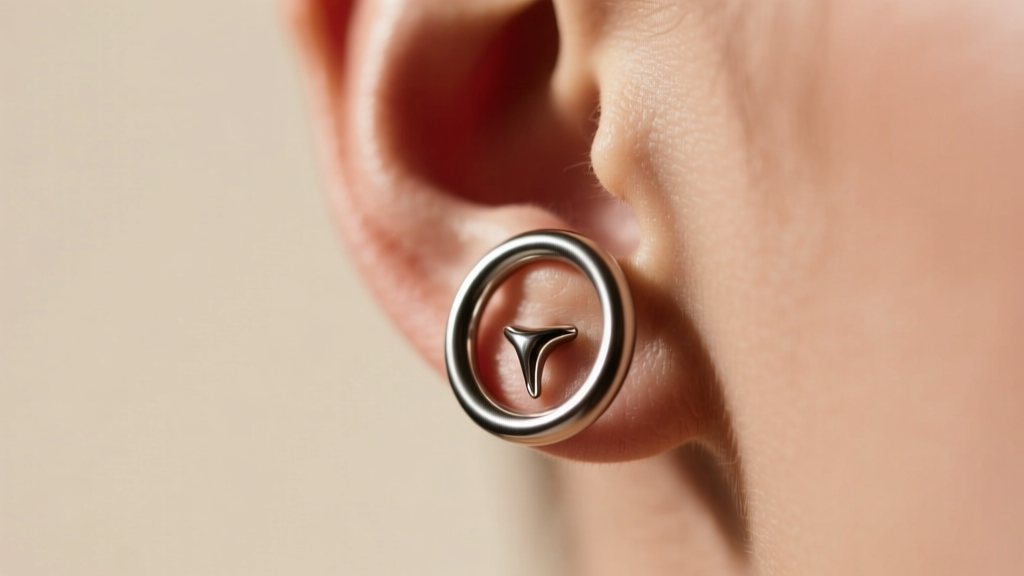 Close-up profile of a cartilage orbital piercing with a seamless 16-gauge titanium hoop against a soft, neutral studio backdrop.