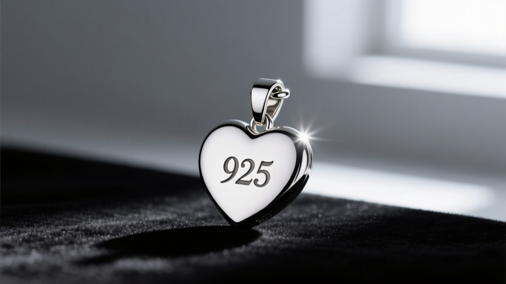 Macro shot of a laser-engraved 925 hallmark on a silver heart pendant clasp, illuminated by a bright jeweler's loupe light source