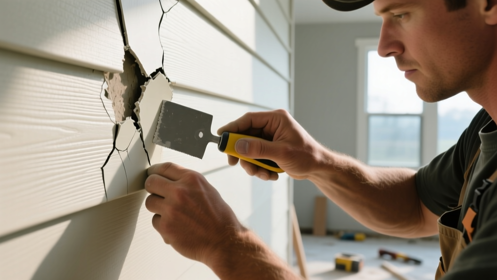 Mason applying color-matched patch material to a cracked fiber cement siding board using a flexible steel putty knife