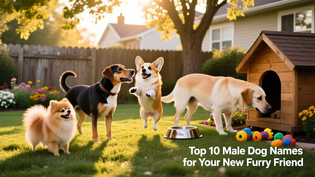 A diverse group of male dogs — small, medium, and large breeds — posing playfully together in a sunlit backyard