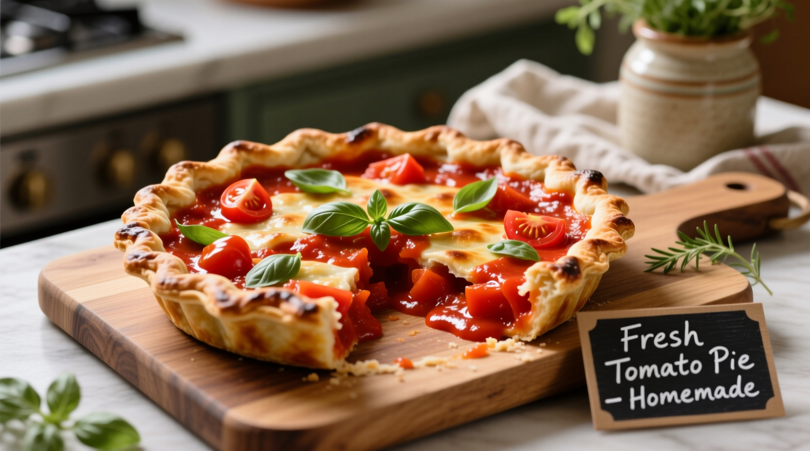 Freshly prepared tomato pie with vibrant red sauce