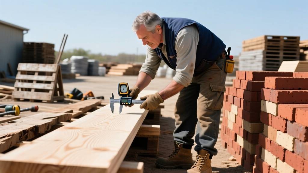 Construction professional using a moisture meter and calipers to inspect reclaimed dimensional lumber and stacked bricks at a donation yard