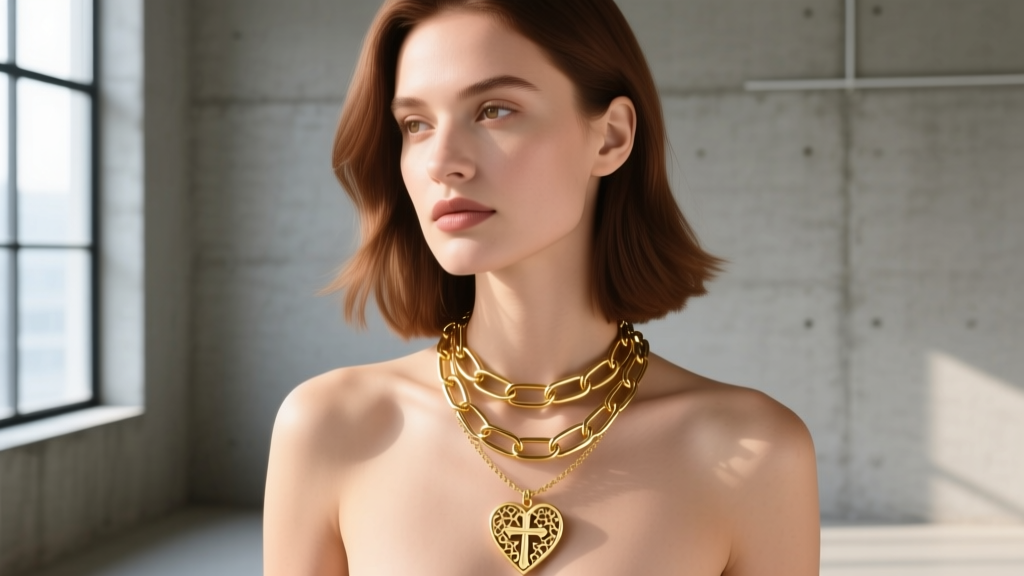 Woman wearing a layered stack with a delicate 16-inch gold heart and cross necklace paired with a thicker 20-inch paperclip chain