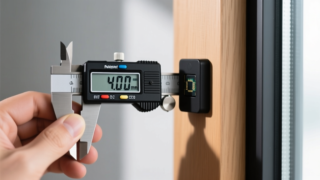 Hand holding a digital caliper measuring the exact 4-millimeter gap between a door frame and a magnetic door position sensor.