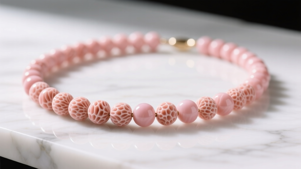 Close-up of a natural pink coral bead necklace on white marble, showing organic grain patterns and a soft blush hue